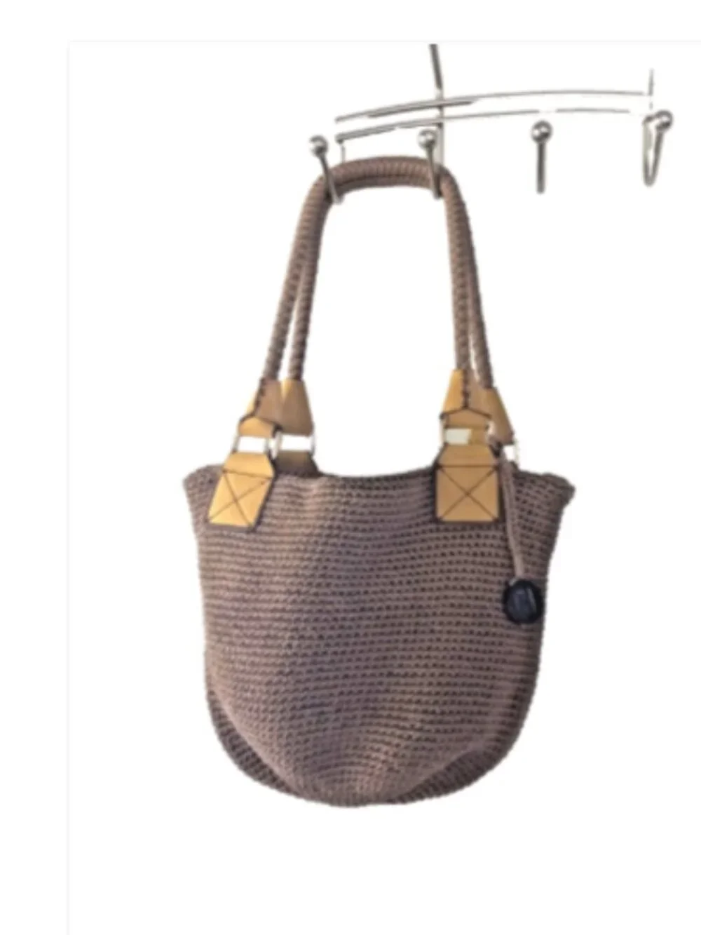 The Sak Crochet Shoulder Bag Beige Tan Leather Trim Zip Boho Purse Charm